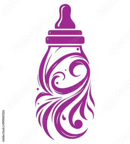Stylized purple baby bottle featuring an elegant swirling floral pattern

