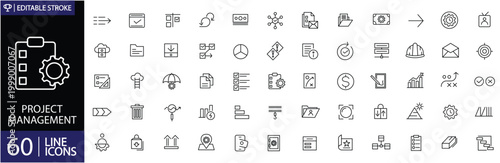 Project management 60 icons set. Includes symbols of planning, task management, workflow, deadlines, teamwork, and productivity tools. Editable stroke. Vector illustration. Outline icons.