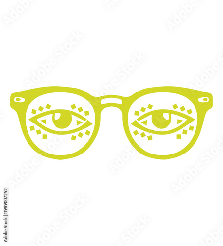 Vibrant lime green graphic glasses with stylized mystical eyes and decorative dots
