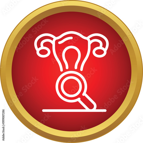 Uterus outline inside a red circle with a magnifying glass examining it