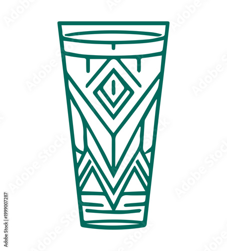 green outlined glass with intricate geometric tribal pattern featuring sharp lines and symmetrical design
