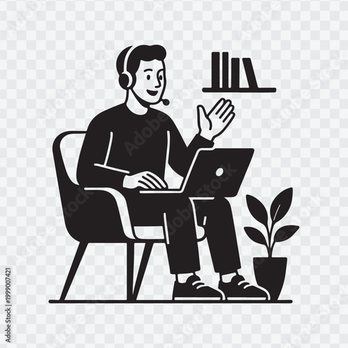 Person working on a laptop at a desk with a plant and coffee. vector design