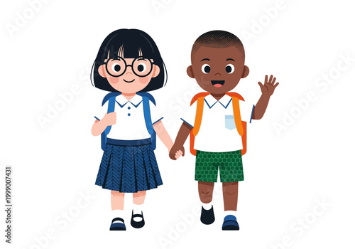 Diverse School Children Walking and Holding Hands Vector. Asian Girl and African American Boy with Backpacks Going to School. Elementary Student Friendship Illustration.