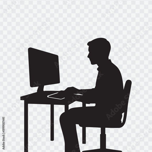 Person working on a laptop at a desk with a plant and coffee. vector design