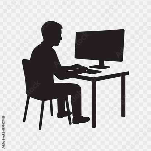 Person working on a laptop at a desk with a plant and coffee. vector design