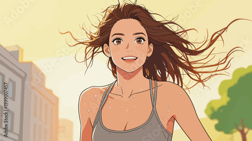 Joyful young woman jogging through urban street at sunrise