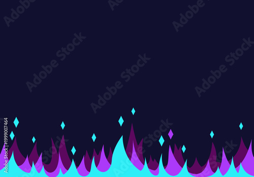 Abstract Neon Blue and Purple Fire Waves Border on Dark Background. Minimalist Stylized Flame Illustration with Diamond Sparkles for Gaming or Cyberpunk Design.