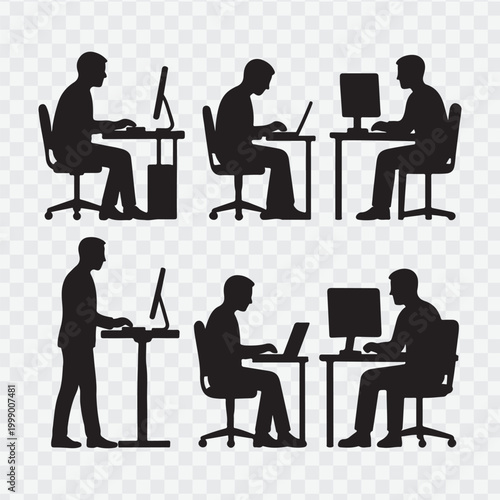 Person working on a laptop at a desk with a plant and coffee. vector design