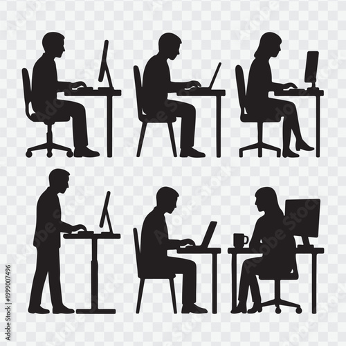 Person working on a laptop at a desk with a plant and coffee. vector design