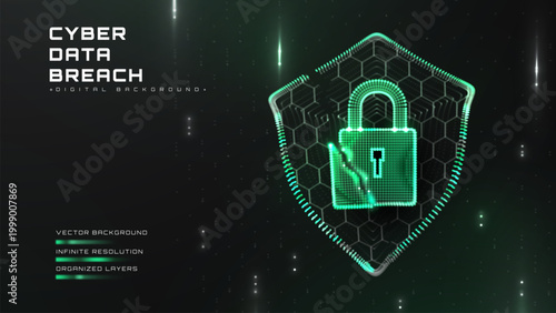 Abstract cyber security background. Dark digital data breach design concept and glowing 3d shield with green broken lock. Bright neon dot matrix element showing system error threat.
