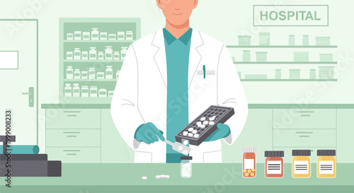 Pharmacist preparing medication in a hospital pharmacy, filling capsules