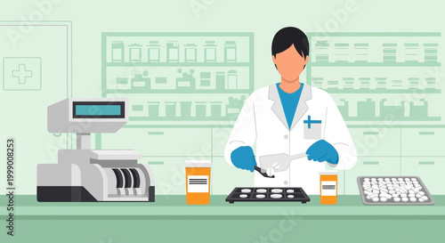 Pharmacist preparing medication in a pharmacy with prescription bottles and pills