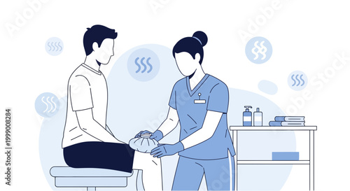 Physical therapist applying cold compress to patient's knee for injury recovery and pain relief