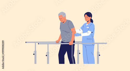 Physical therapist assisting elderly man walking with parallel bars for rehabilitation