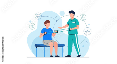 Physical therapist assisting patient with resistance band exercise for rehabilitation and fitness