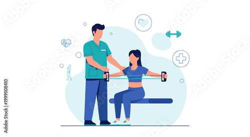 Physical therapist assisting patient with resistance band exercise for rehabilitation and recovery
