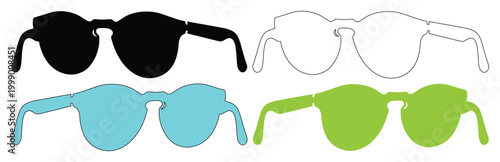 Set of 4 Round Sunglasses Icons Vector in Black, Outline, Blue, and Green