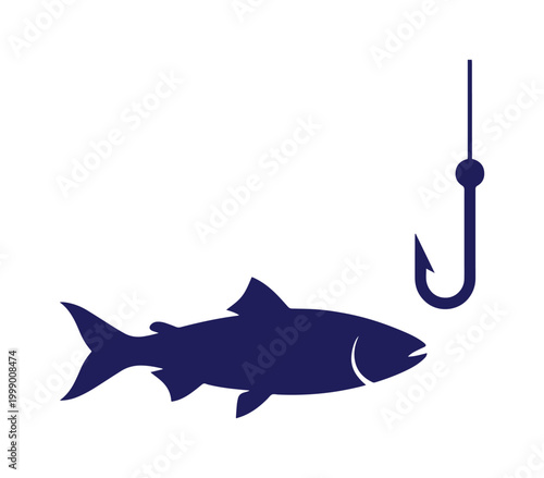 Dark Blue Fish and Fishing Hook Icon Vector