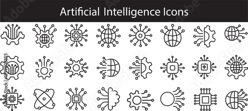 Artificial Intelligence icon set.AI Technology Line Icons Collection,symbols in clean outline style for UI/UX and web design.