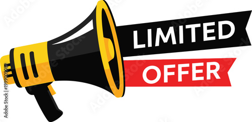 Yellow megaphone with black banner limited offer announcement design for modern store marketing and retail promotional advertising