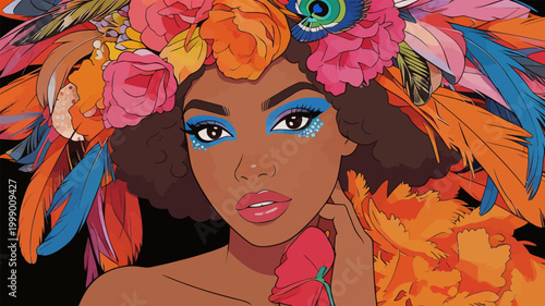 Glamorous Carnival Portrait of Black Woman with Floral Feather Headdress