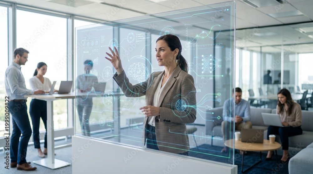 Fototapeta premium AI-Powered Business Intelligence – Female Leader Analyzing Data on Futuristic Digital Interface 