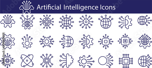 Artificial Intelligence icon set.AI Technology Line Icons Collection,symbols in clean outline style for UI/UX and web design.