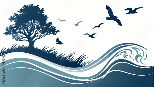 Waves and birds in flight.