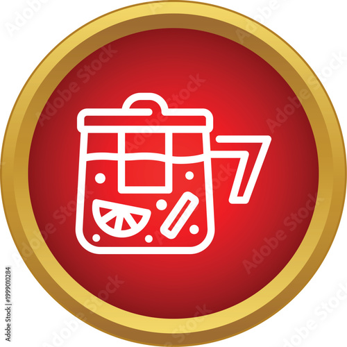 Red kettle icon containing festive spiced wine with citrus and cinnamon sticks
