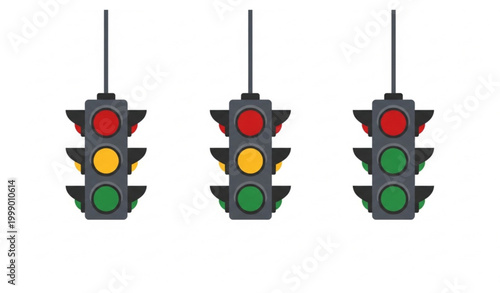 Фотография Traffic light vector set with red yellow green signals flat hanging stoplight ic