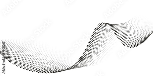 Dotted wavy line background. Black halftone undulate pattern. Curved dashed gradient design element for poser, banner, presentation, booklet. Abstract flowing particle wave wallpaper. Vector