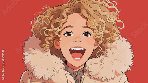 Excited curly blonde girl in winter coat on red background