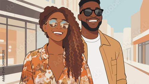 Happy Black Couple Walking Together On City Street