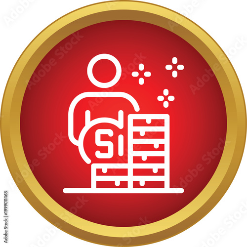 Person standing next to stacks of coins with a coin in hand, representing wealth