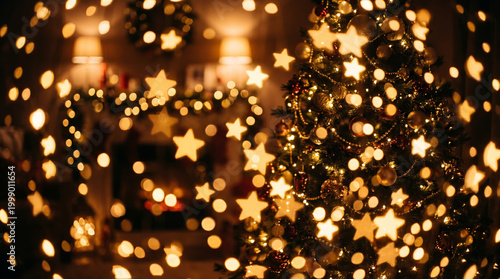 Golden Christmas tree with star bokeh lights in warm festive room