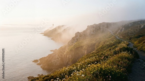 Serene cliffside morning view with soft mist over ocean waters capturing peaceful early sunlight glow