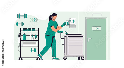 Physical Therapist with Medical Cart and Dumbbells in Rehabilitation Clinic