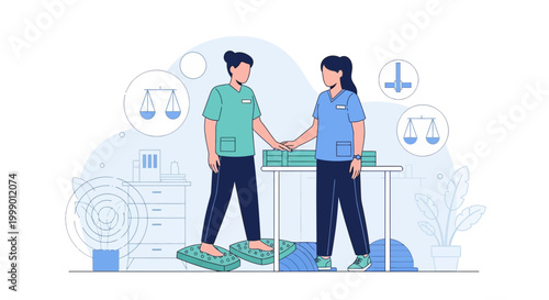 Physical Therapists Collaborating on Patient Balance Training with Balance Scales