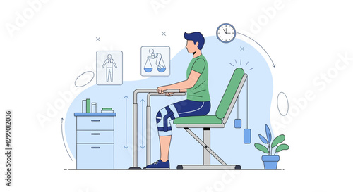 Physical therapy patient performing leg exercise on rehabilitation equipment in clinic