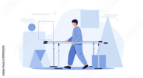 Physical therapy patient walking with parallel bars for rehabilitation and recovery