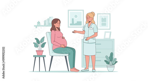 Pregnant woman at doctor's appointment, receiving medical care and advice from nurse