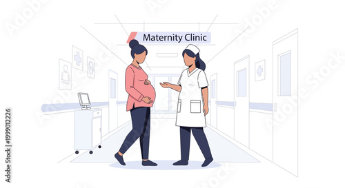 Pregnant Woman Consults Nurse in Maternity Clinic Hallway
