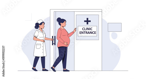 Pregnant woman entering clinic with nurse, healthcare, medical appointment, pregnancy care