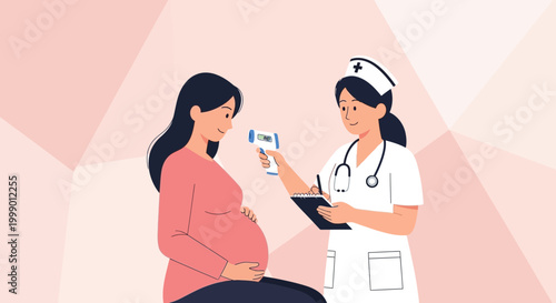 Pregnant woman having temperature checked by nurse with thermometer, healthcare concept