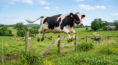 Cow jumping over fence in green pasture with herd and countryside farm landscape