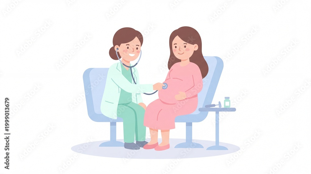Obraz premium Pregnant Woman Prenatal Checkup Doctor Listening Fetal Heartbeat in Clinic Healthcare Illustration