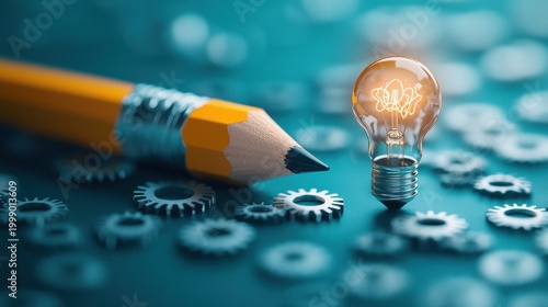 Pencil with Light Bulb A pencil and light bulb surrounded by gears and cogs, symbolizing the mechanics of innovation and creative problem solving.
