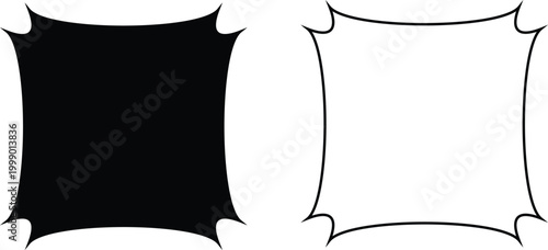 Set of abstract square starburst shapes with curved edges in black silhouette and outline styles for creative graphic design projects