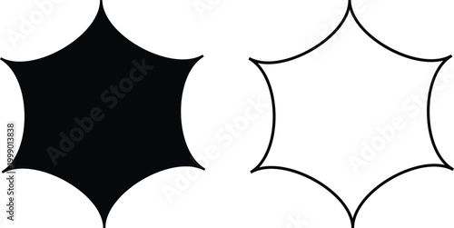 Minimalist six pointed concave star icons in black silhouette and thin line outline styles isolated on white background for graphic design