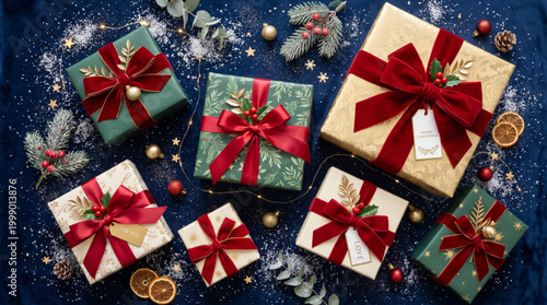 Gift box christmas ribbon bow present package holiday festive wrapped blue background gold box red ribbon green box luxury decorative celebration seasonal winter ornament pine branch berry star